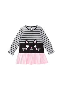 Långärmad klänning med grå och svarta ränder, svart livstycke med ett kattansikte och en krånglig rosa kjol. Mjukt tyg, rund hals.