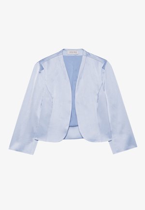 Light blue satin blazer with a shawl collar, long sleeves, open front design, and smooth texture. No visible closing hardware or patterns.