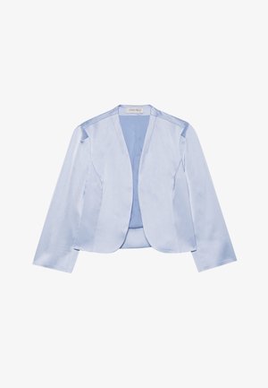 Világoskék selyem blézer sálgallérral, hosszú ujjal, nyitott elülső kialakítással és sima textúrával. Nincs látható záró mechanika vagy minta.