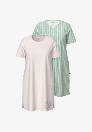 To korteærmede natkjoler, en lyserød med blomster- og egernmønster ved kanten, en grøn med lodrette hvide og lyserøde striber og V-udskæring.