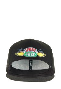 Black cap featuring embroidered "CENTRAL PERK" logo with two yellow coffee cups, solid back, and flat brim design.