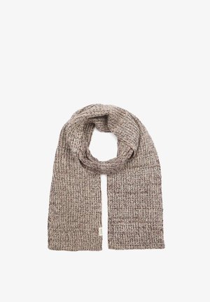 Strickschal in Beige mit strukturiertem Muster, versehen mit dezenten kastanienroten Akzenten. Weiches Material, länglich rechteckige Form. Sichtbares Etikett.