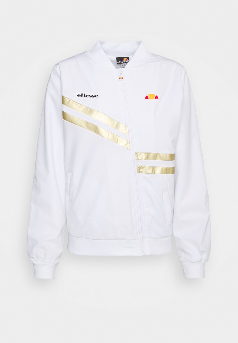 Weißer Zip-Jacke mit goldenen Streifen und schwarzem Logo. Verfügt über einen Stehkragen und elastische Bündchen. Glatte Stoffoberfläche.