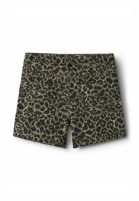Leopardskinnade shorts i mörkgrön och svart denim med en texturerad yta, med två bakfickor och sydda detaljer.