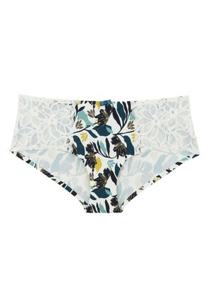 Culottes hipster à motifs floraux avec un mélange de crème, de turquoise et de vert foncé ; accents de dentelle blanche délicate sur les côtés.