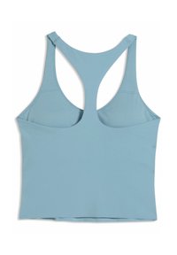 Ανοιχτό μπλε αθλητικό σουτιέν με racerback σχεδιασμό, με πλέγμα στην πάνω πλάτη και αόρατες ραφές στο κάτω μέρος για αθλητική χρήση.