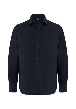Chemise à manches longues bleu marine foncé, boutonnée, avec col et poignets, vue de face sur fond blanc.