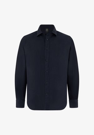 Chemise à manches longues bleu marine foncé, boutonnée, avec col et poignets, vue de face sur fond blanc.