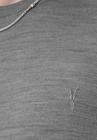 Graues gestricktes T-Shirt mit einem dezent geprägten emblematischen Hornmotiv auf der Brust. Sichtbare Struktur des Stoffes, runder Halsausschnitt. Silberne Kettenhalskette inklusive.