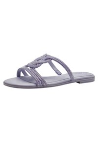 Purple sandals featuring braided straps adorned with beading, a flat sole, and a smooth surface. Simple, open design for easy wear.