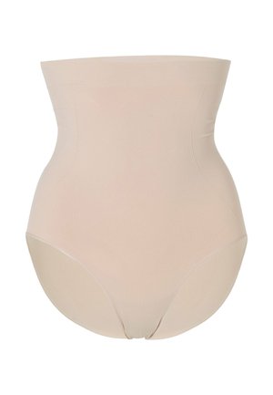 Shapewear beige con vita alta, texture liscia e design senza cuciture. Presenta uno stile di copertura modesta per il retro.