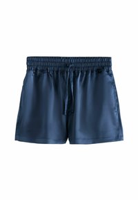 Marinblå satinsort med elastisk midja, dragsko och sidofickor. Slät yta och skräddarsydd passform.