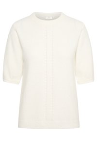 Pullover bianco a maglia con maniche a sbuffo corte, scollatura tonda e dettagli verticali sulla parte anteriore. Tessuto morbido e vestibilità rilassata.