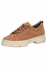 Brązowe zamszowe sneakersy z okrągłym noskiem, sznurówką z przodu, tonalnym przeszyciem oraz teksturowaną, wyściełaną beżową podeszwą. Brak widocznego logo.
