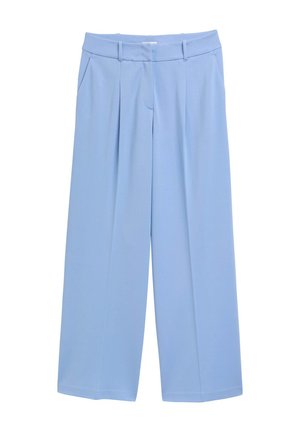 Gaiši zilas plašas bikses, kas izgatavotas no gludas auduma, ar līdzeno priekšu, divām sānu kabatām un strukturētu jostasvietu.