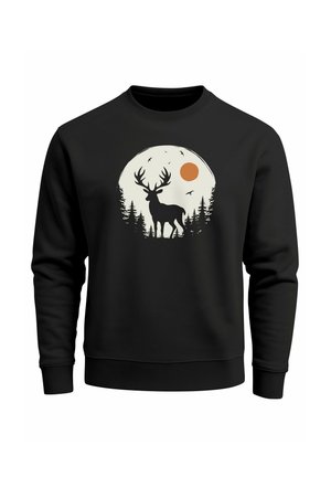 Black sweatshirt featuring a deer silhouette against a cream circle, surrounded by trees and birds, with an orange sun in the background.