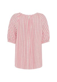 Rosa und weiße gestreifte Bluse mit kurzen Puffärmeln und rundem Halsausschnitt, ausgestattet mit einer Rückenfalte für zusätzlichen Fall und Textur.