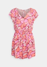 Robe courte à fleurs avec motifs floraux roses, corail et blancs, col en V, manches courtes et taille élastique.