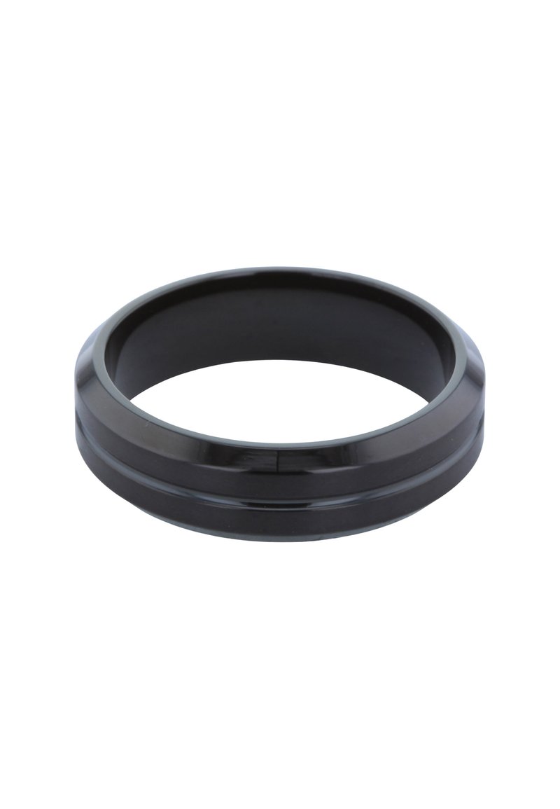 Schwarzer Keramikring mit glatter, glänzender Oberfläche und zwei horizontalen Rillen um das Band. Zirkuläre Form, leichtes Design.