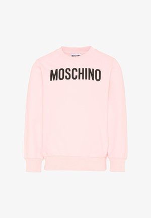 Felpa a maniche lunghe di colore rosa chiaro con la scritta "MOSCHINO" in caratteri maiuscoli neri al centro del petto, polsini e orlo a coste.