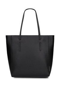 Zwarte leren tote bag met een gestructureerde textuur, rechthoekige vorm en twee lange handvatten. Minimalistisch ontwerp zonder zichtbare hardware.