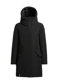 Manteau d'hiver noir mi-long avec col haut, capuche, poches avant à rabat et fermetures à boutons, présenté sur fond blanc.
