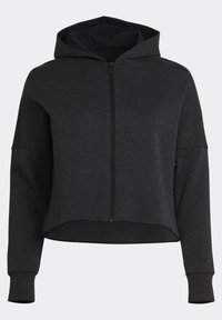 Sweat à capuche court gris foncé avec fermeture éclair devant, manches longues et poignets ajustés, présenté sur un fond clair uni.