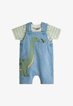 Lühikesed sinised overaalid rohelise dinosauruse tikandiga ja esitaskuga, kantud kreemika ja rohelise triibulise lühikese varrukaga T-särgi peal.