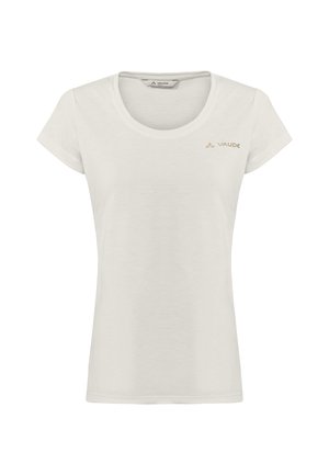 T-shirt pour femmes à manches courtes de couleur beige clair, avec un col rond et un petit logo Vaude sur la poitrine gauche.