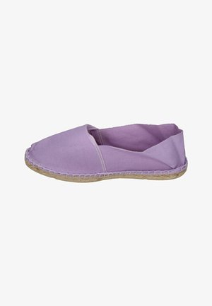 Purple canvas espadrille with a closed toe and open sides, featuring a jute sole and stitching detail along the edge.