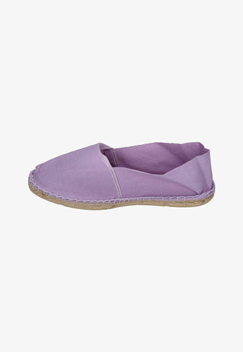 Purple canvas espadrille with a closed toe and open sides, featuring a jute sole and stitching detail along the edge.