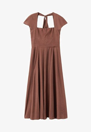 Rochie midi maro cu buline albe, mâneci scurte, decolteu pătrat și detaliu cu fundă în spate.