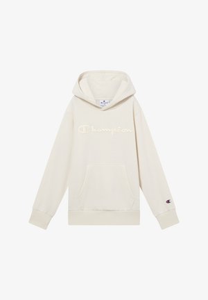 Kremowa hoodie wykonana z mieszanki bawełny, z kieszenią z przodu, ściągaczami na rękawach i dole, z haftowanym logo „Champion” na klatce piersiowej.
