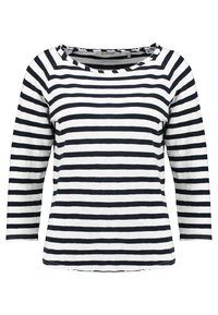Haut à manches longues rayé avec des rayures horizontales bleu marine et blanches, col rond et tissu doux. Coupe décontractée avec un ourlet cousu.