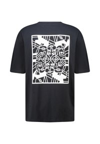 Black cotton t-shirt featuring a large white graphic print on the back, depicting abstract faces and geometric designs. Short sleeves.