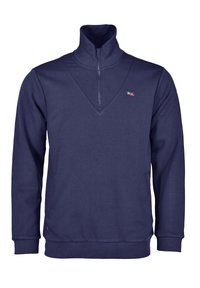 Navy sininen huppari, jossa on puoliveto-kaarroke, pitkät hihat ja sivutaskut. Valmistettu pehmeästä kankaasta, jossa on teksturoitu pinta ja logoyksityiskohta.