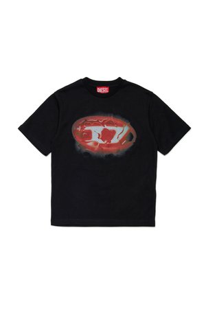T-shirt en coton noir avec un design graphique rouge et blanc en forme ovale sur le devant. Encolure ras du cou simple et manches courtes.