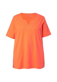 T-shirt arancione brillante a maniche corte realizzato in tessuto morbido, con scollatura a V con dettaglio ondulato e vestibilità comoda.