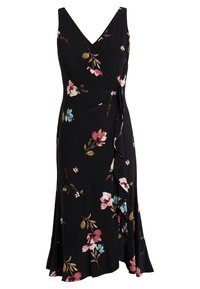 Svart blommig klänning med V-ringning, omslagsdesign och utsvängd nederkant. Dekorerad med rosa och blå blommor, tillverkad av lättviktig tyget.