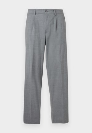 Szürke nadrág, texturált anyagból, egyenes lábformával, elöl gombos záródással és redőzött részletezéssel.