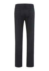 Zwarte broek met een rechte pijpdesign, gestructureerde stof, twee achterzakken en een merklogo op de tailleband.