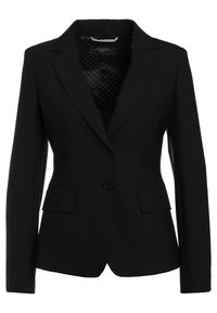 Zwarte blazer met een getailleerd ontwerp, een enkelgedekte voorkant, twee zakken en een gestippelde binnenvoering. Voorzien van opstaande revers en zwarte knopen.