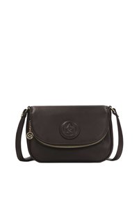 Borsa a tracolla in pelle marrone scuro con una texture liscia, chiusura con zip, logo impresso sul fronte e tracolla regolabile.