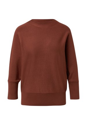 Pull en maille de couleur rouille, oversize, avec un col rond, des poignets et un ourlet côtelés. Fabriqué en tissu doux et texturé avec une coupe décontractée.