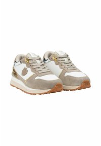 Beige und weiße Sportsneakers aus Wildleder und Mesh-Materialien, mit einem Leopardenmuster, goldenen Akzenten und strukturierten Sohlen.