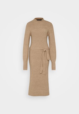 Knit dress in beige with a high neck, long sleeves, and a belted waist. Features a ribbed texture throughout. Mid-length design.