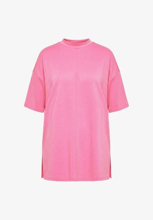 Lockeres, rosa Kurzarmhemd mit Stehkragen und Seitenschlitzen, schlichtes Design, aus weichem Stoff.