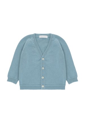 Cardigan de punto azul claro con mangas largas, cuello en V, puños y bajo acanalados, y cuatro botones blancos en la parte delantera.