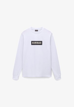 Long-sleeve white T-shirt made of cotton, featuring a black rectangular logo with "NAPAPIJRI" and "geographic" text on the front.