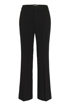 Črne hlače po meri z ravnimi hlačnicami, z gladko teksturo in srednje visokim pasom. Brez vidnih zapiranja ali vzorcev.
